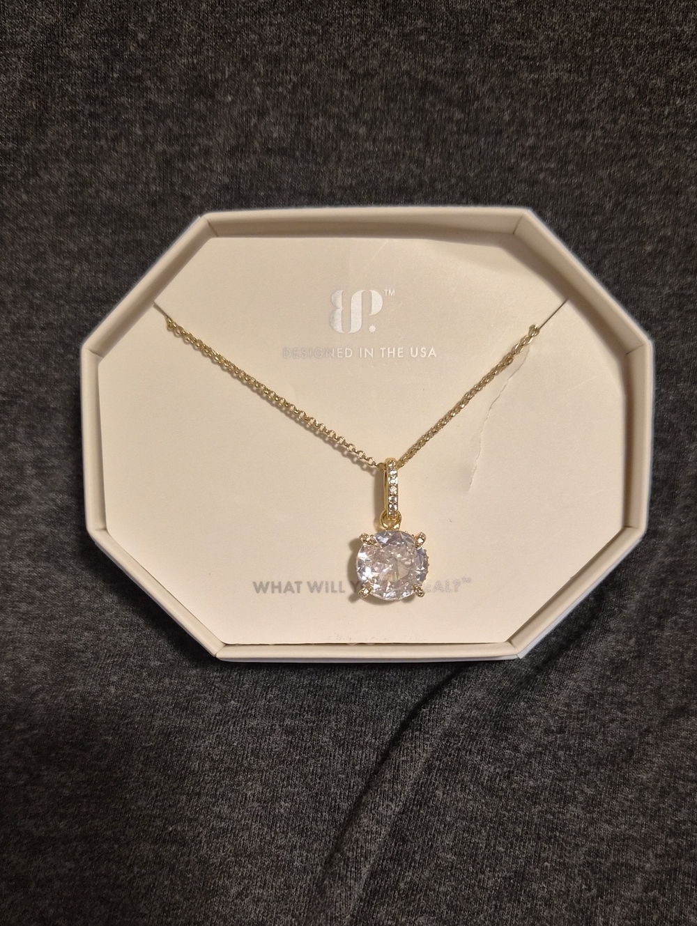 Bomb Party Gold Necklace with Clear Crystal Solitaire Pendant